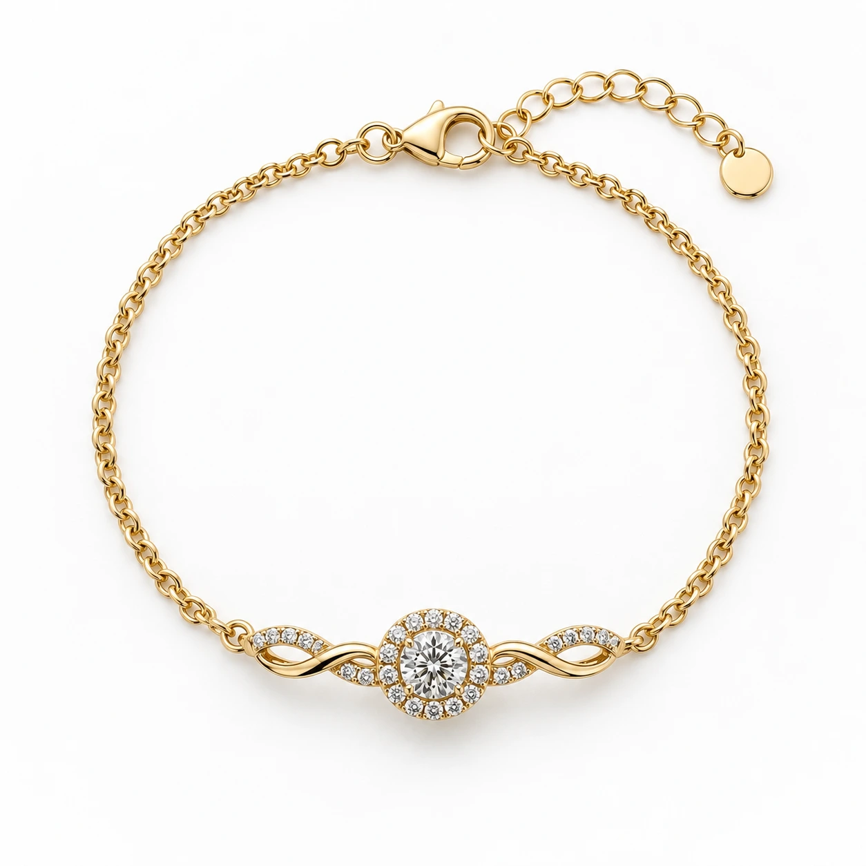 Gold cable-chain bracelet laid flat on white, lobster clasp and extender chain, haloed round center stone.