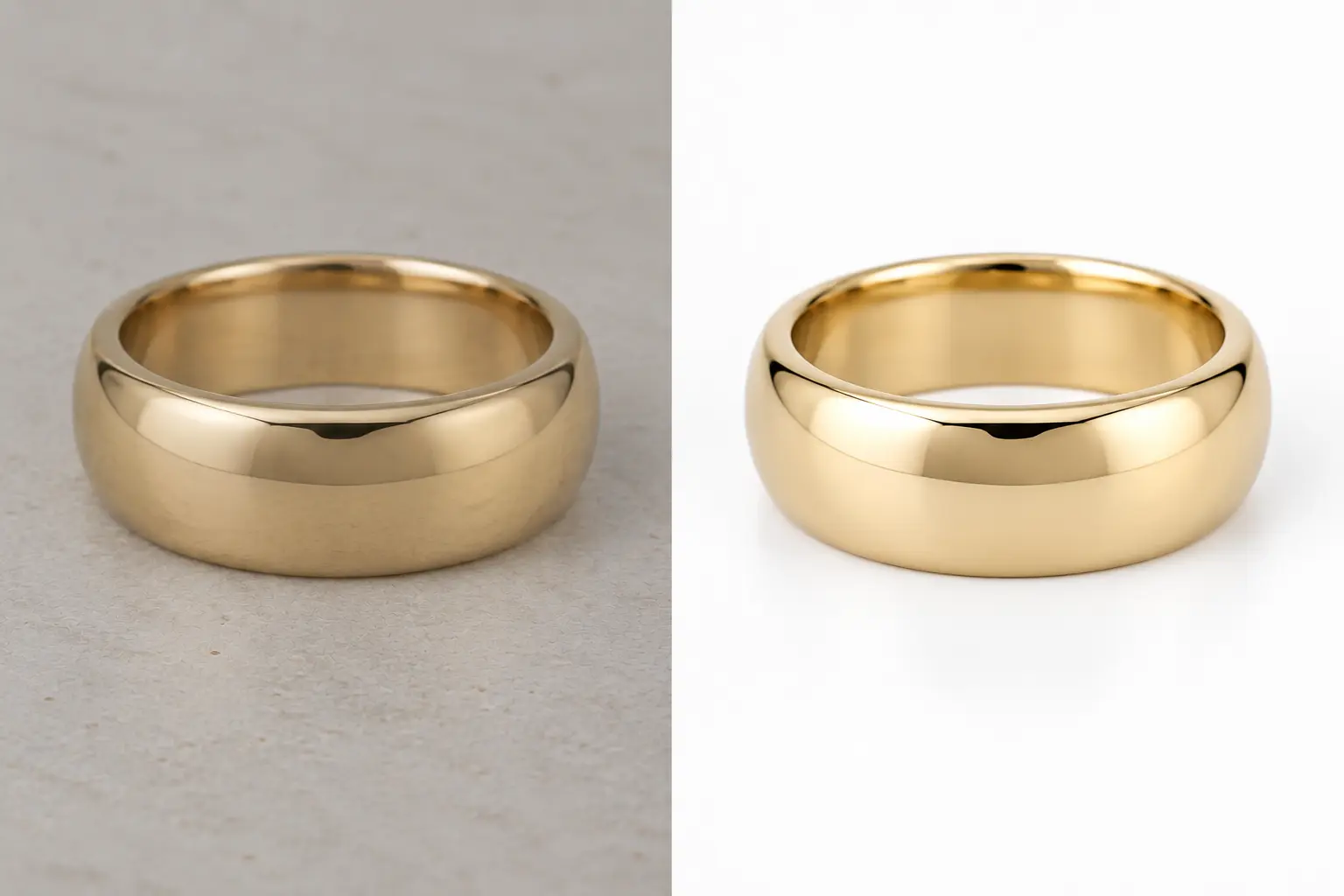 Wide domed yellow gold band with no stones, upright on textured surface left, plain white right.
