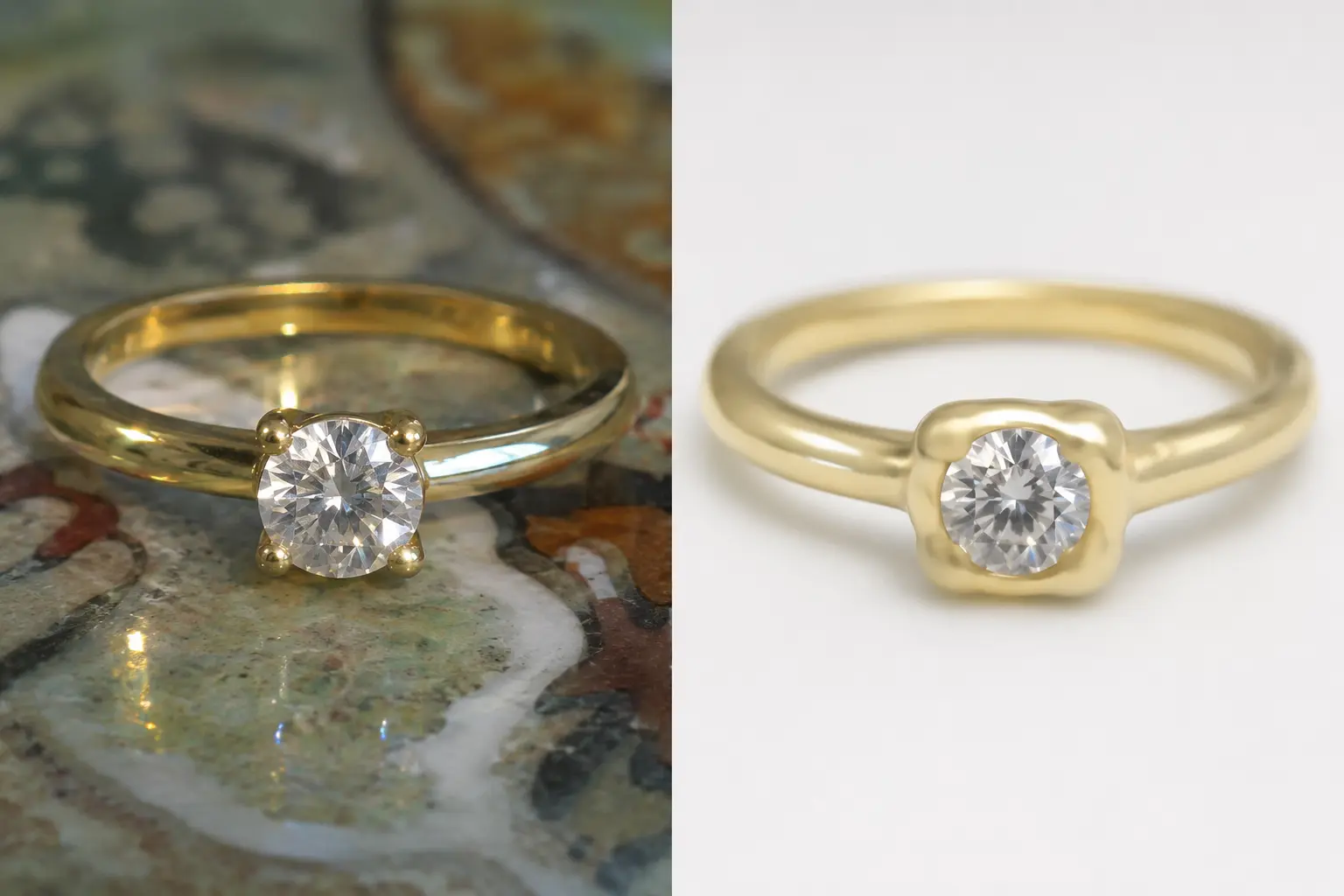 Source ring's four prongs melt into a lumpy square blob around the stone in the output.