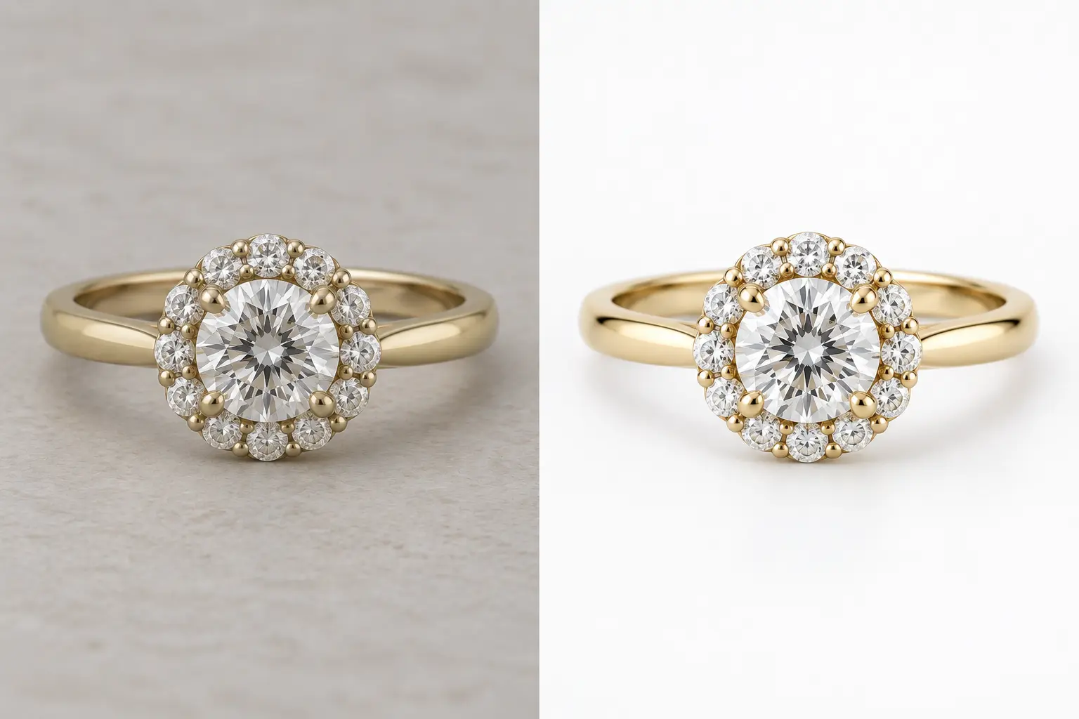 Yellow gold ring, a bead-set circle of stones around the central diamond, textured surface then white.