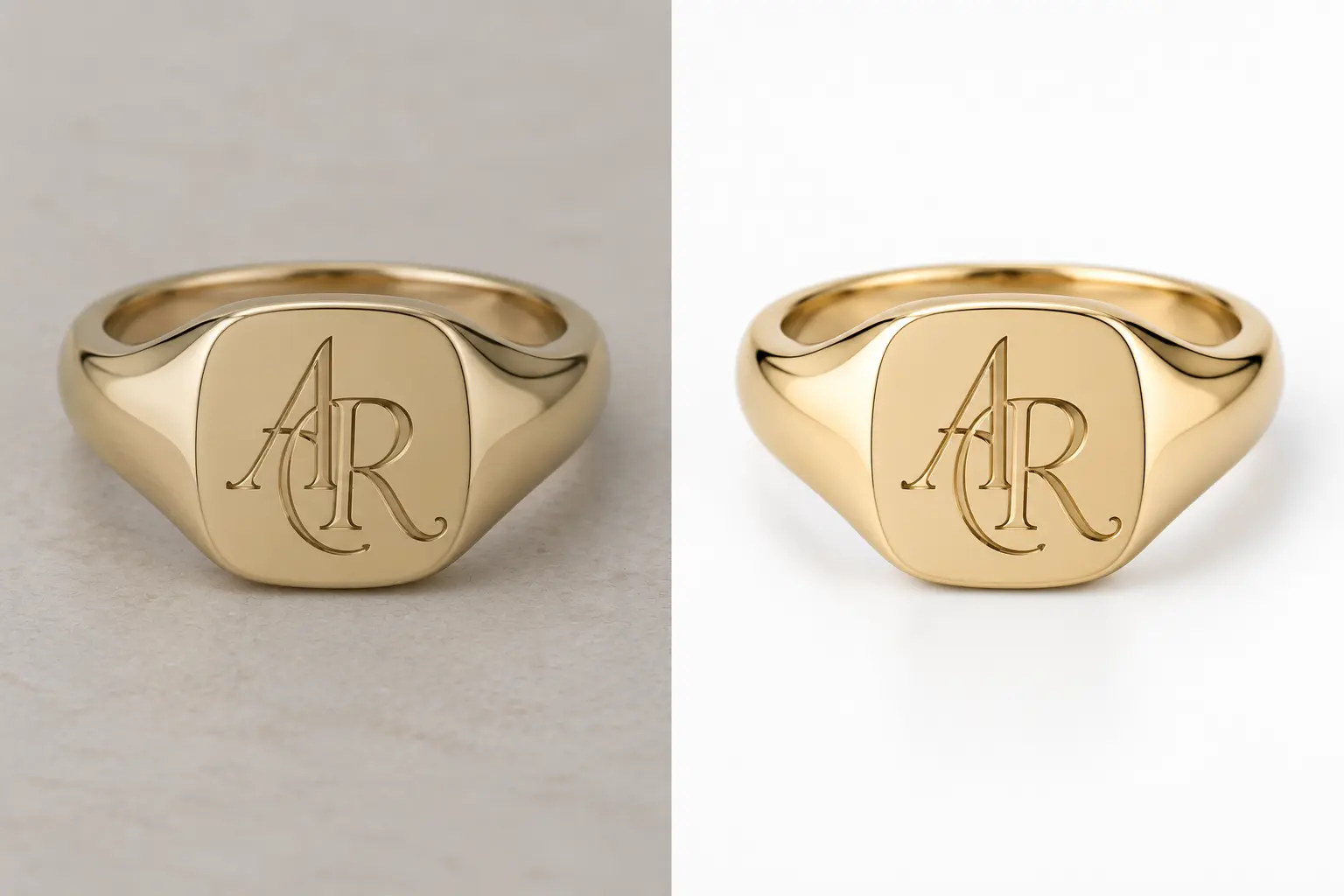 Gold ring, flat cushion face carrying an interlocking script monogram; textured surface left, white right.