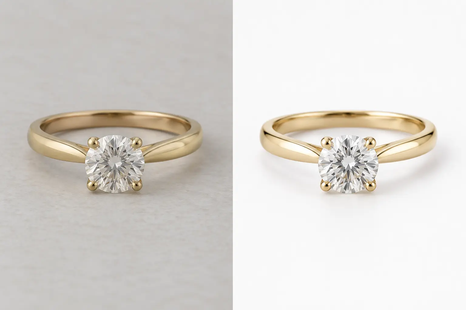 Yellow gold ring, one round stone in four prongs; textured surface left, plain white right.