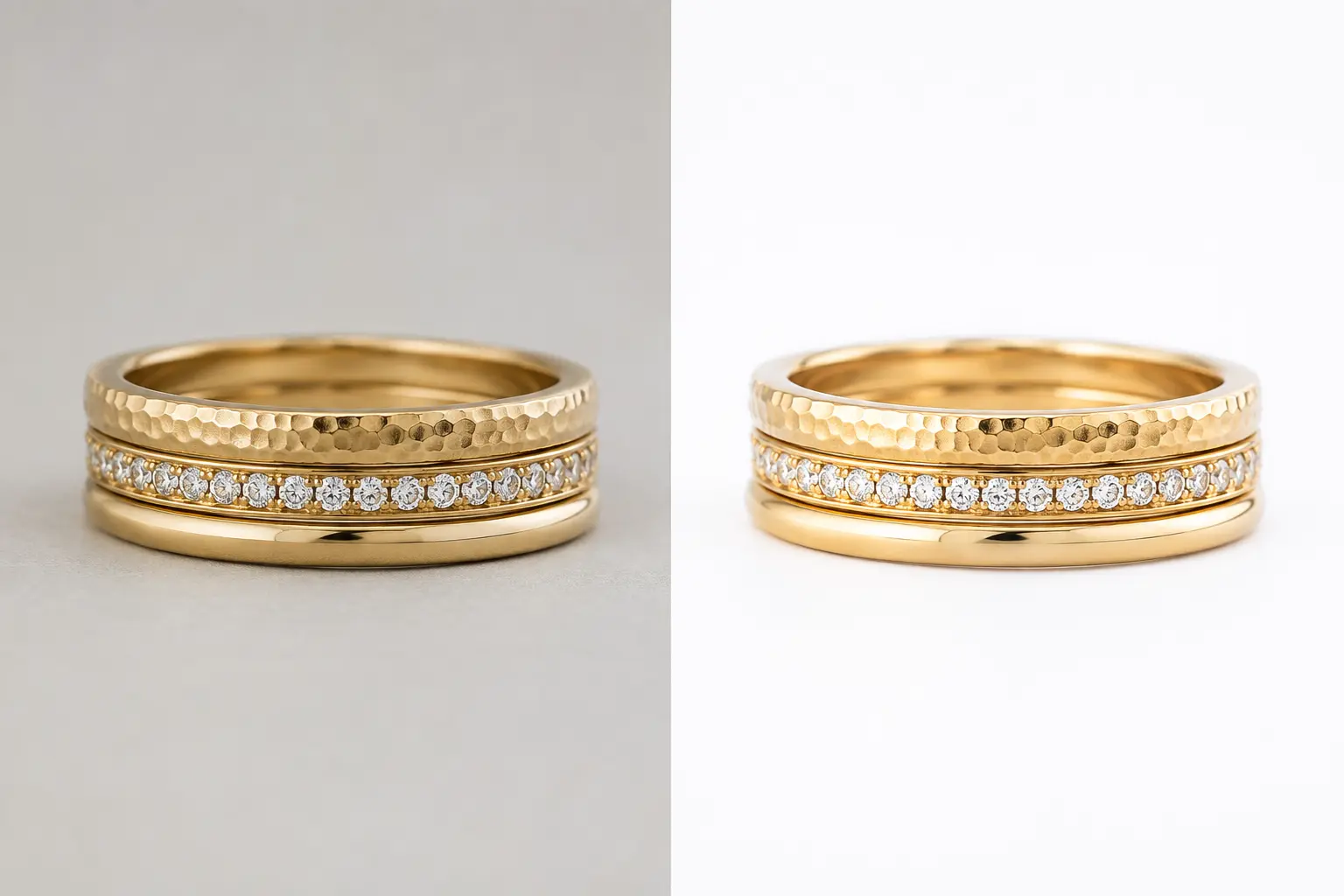 Three gold bands stacked on a surface, not a finger: hammered, small-stone row, polished.