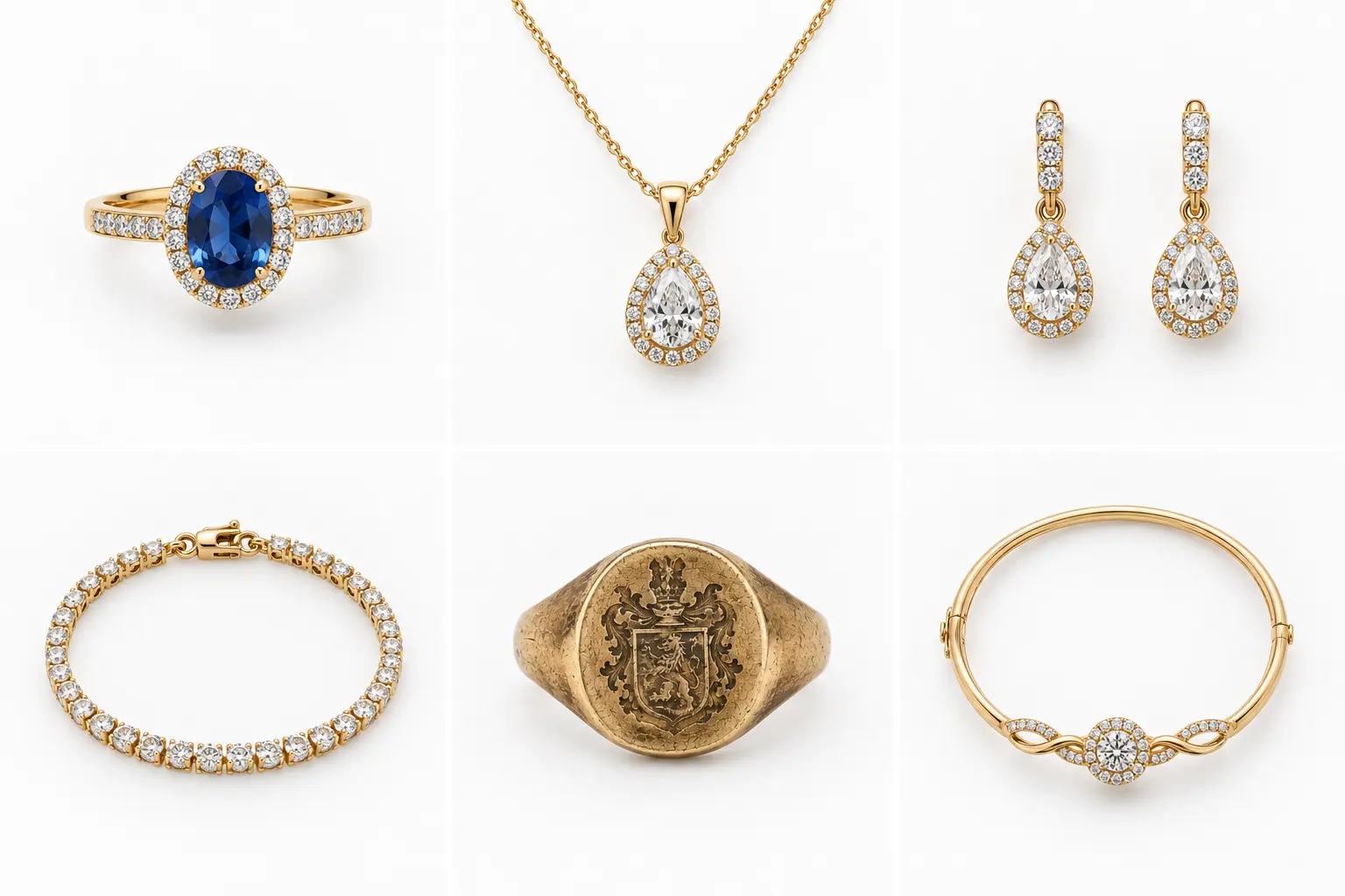 Six gold pieces on white: sapphire halo ring, pendant, drop earrings, diamond bracelet, signet ring, bangle.